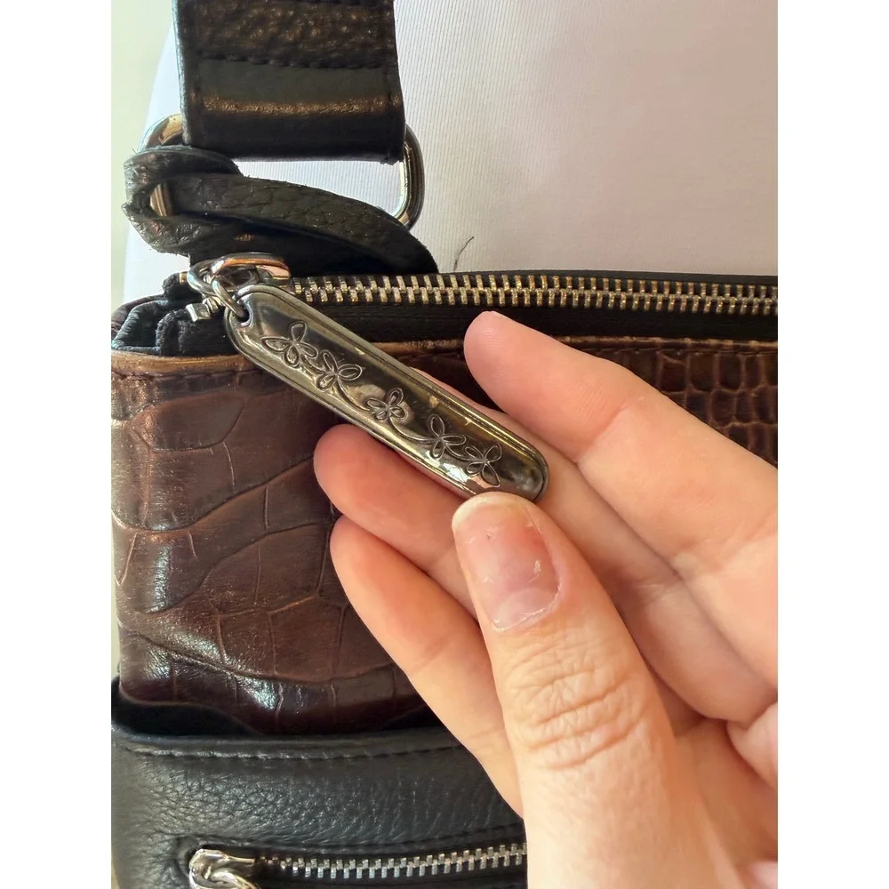 Brighton Black Brown Leather Croc Embossed Crossbody Bag E297898